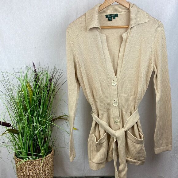 Ralph Lauren tan woven knit long sleeve button front belted cardigan, sweater L - Picture 2 of 8